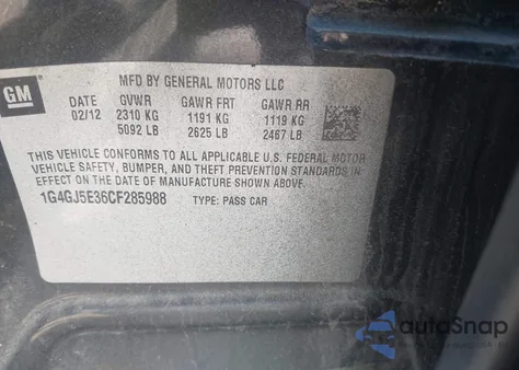 2012 Buick Lacrosse Touring Group z USA, uszkodzony, nr VIN 1G4GJ5E36CF285988